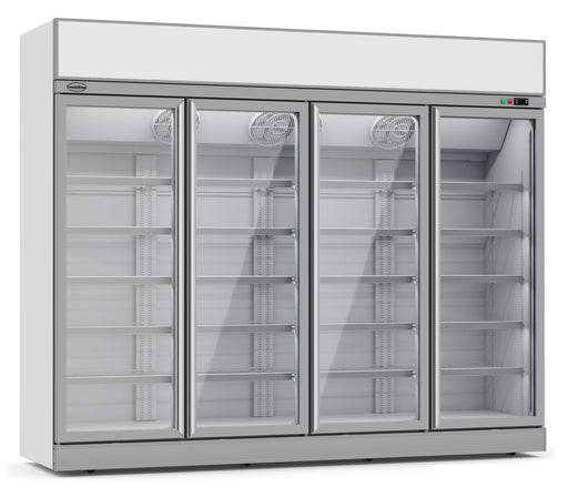 Combisteel four door glass display freezer with white powder coated steel frame and LED lighting