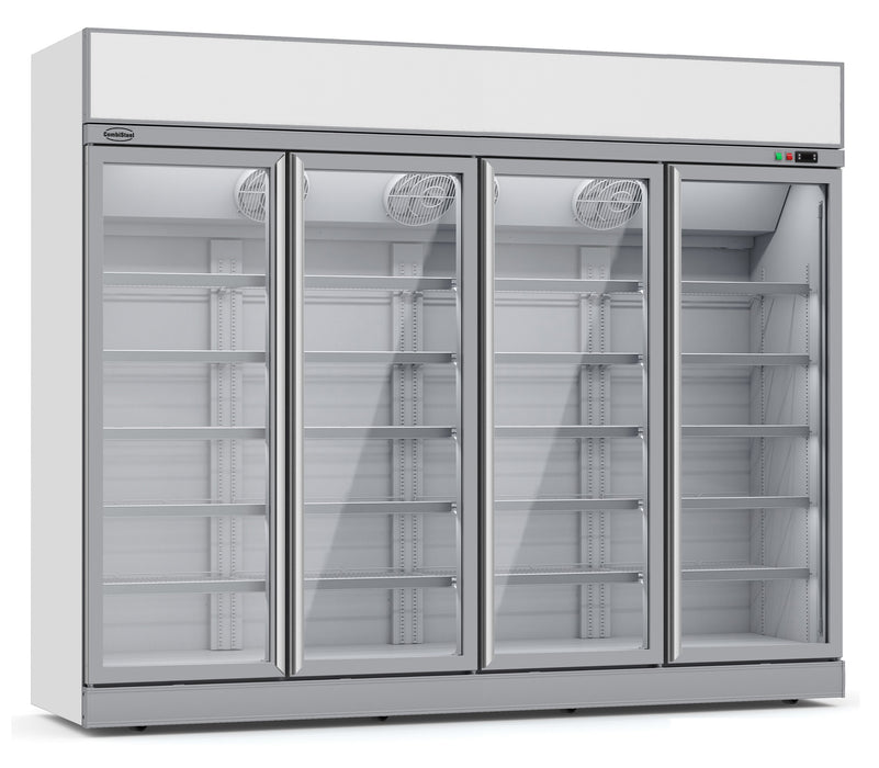 Combisteel four door glass display freezer with white powder coated steel frame and LED lighting