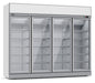 Combisteel four door glass display freezer with white powder coated steel frame and LED lighting