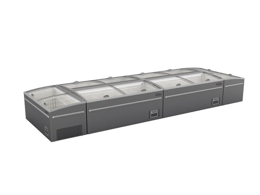 Grey Combisteel chest freezer, 1450mm wide, front view with basket storage compartments view 2