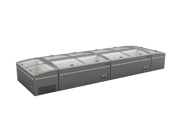 Grey commercial chest freezer with digital display and LED lighting view 2