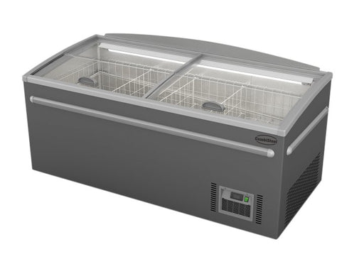 Grey Combisteel chest freezer with digital display panel and LED interior lighting