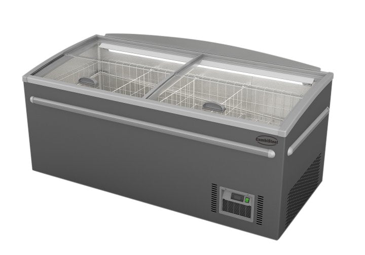 Grey Combisteel chest freezer with digital display panel and LED interior lighting