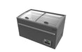 Grey Combisteel chest freezer, 1450mm wide, front view with basket storage compartments