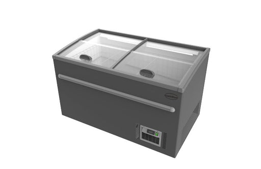 Grey Combisteel chest freezer, 1450mm wide, front view with basket storage compartments