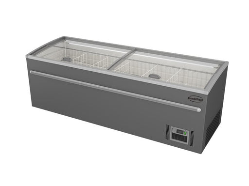 Grey commercial chest freezer with digital display and LED lighting