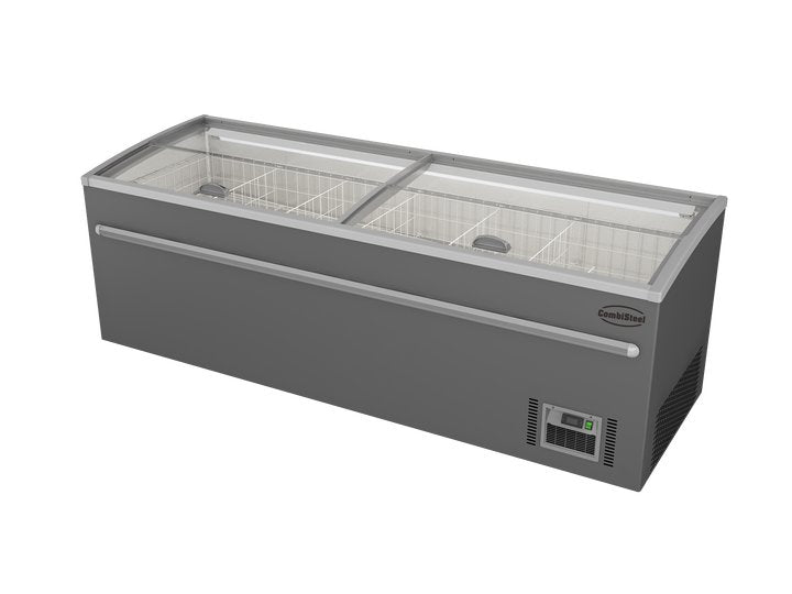Grey commercial chest freezer with digital display and LED lighting