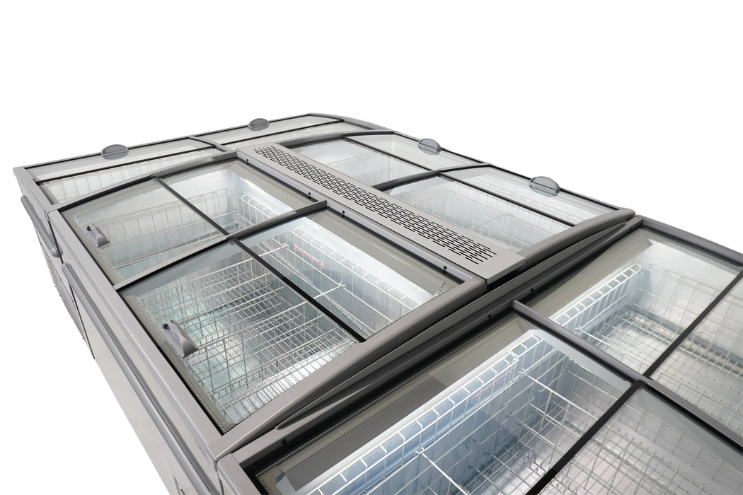 Grey commercial chest freezer with digital display and LED lighting view 5