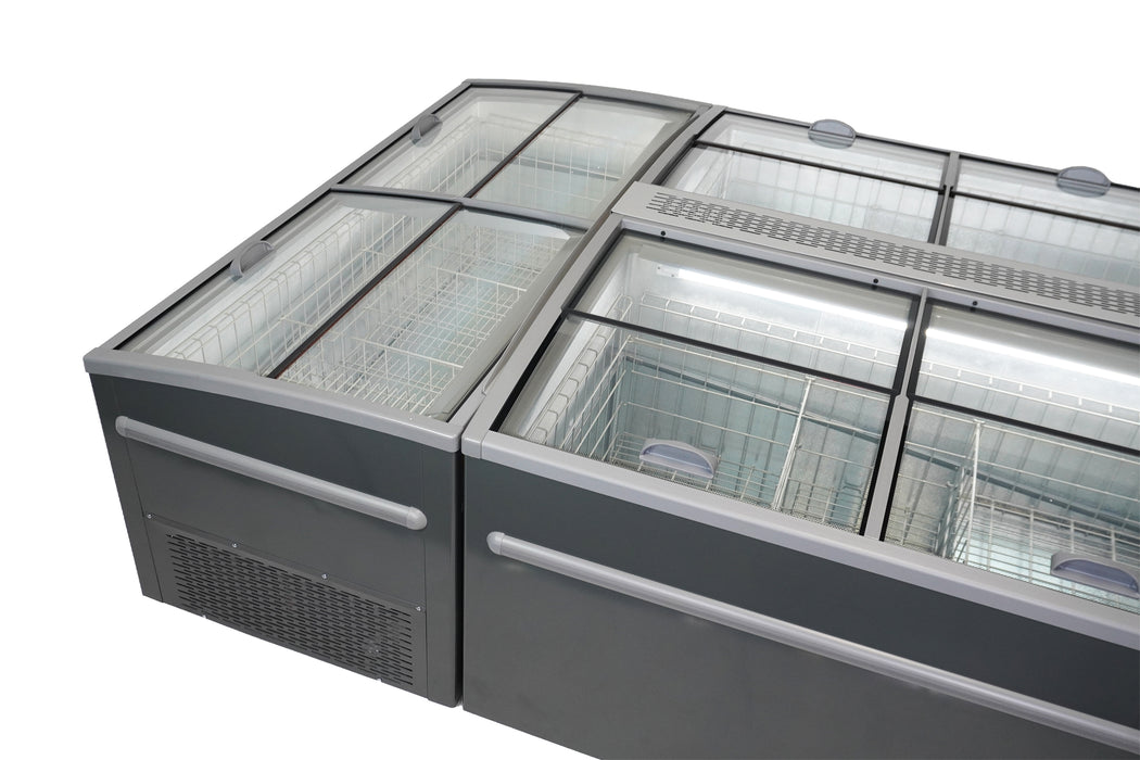 Grey commercial chest freezer with digital display and LED lighting view 6