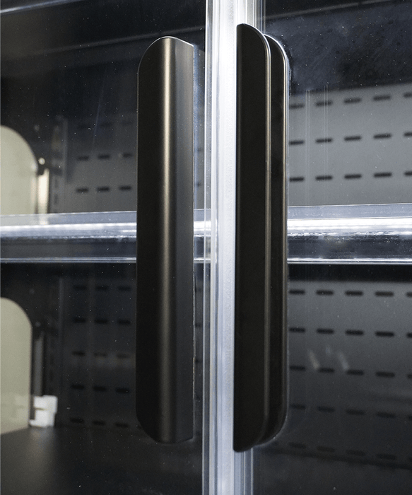 Black three door wall mounted display fridge with LED lighting and glass doors view 7