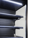 Black wall mounted four door refrigerated display case with LED lit interior and five shelves view 3