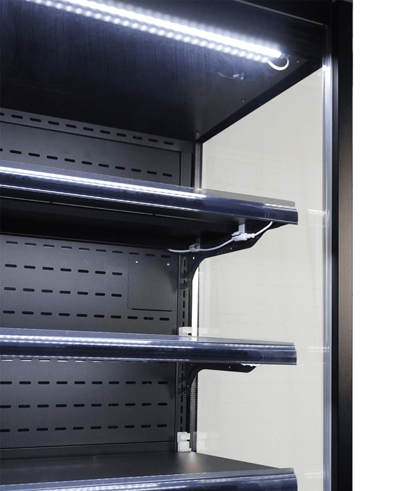 Black three door wall mounted display fridge with LED lighting and glass doors view 3