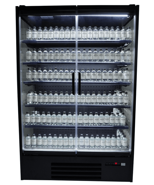 Black wall mounted commercial display fridge with two glass doors and LED lighting view 7
