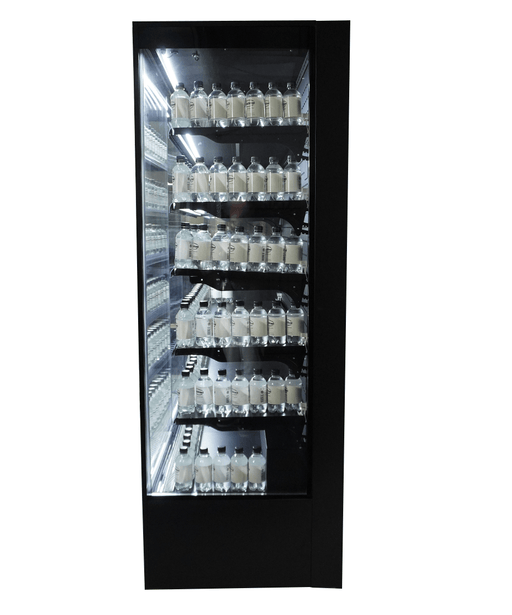 Black wall mounted four door refrigerated display case with LED lit interior and five shelves view 2