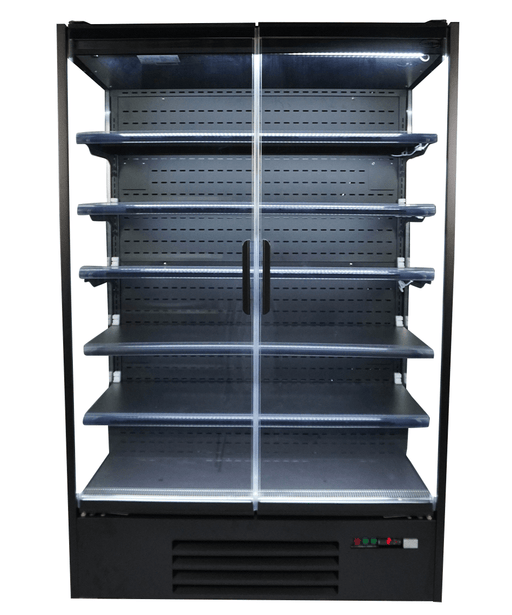 Black wall mounted commercial display fridge with two glass doors and LED lighting view 2