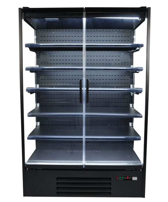 Black wall mounted commercial display fridge with two glass doors and LED lighting view 2