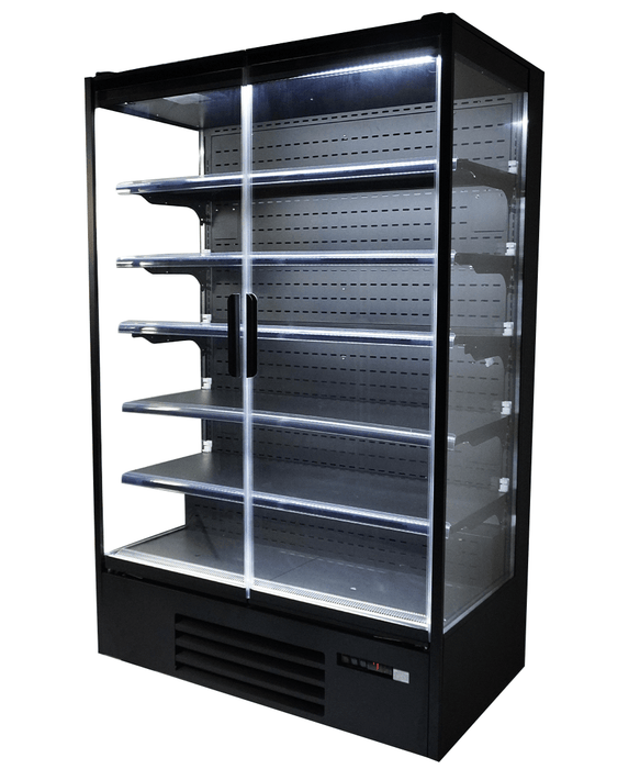 Black wall mounted commercial display fridge with two glass doors and LED lighting view 3