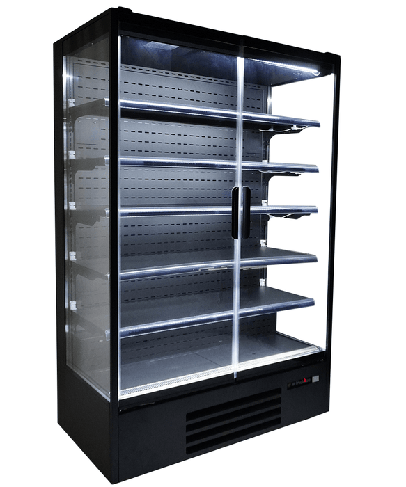 Black wall mounted commercial display fridge with two glass doors and LED lighting view 4