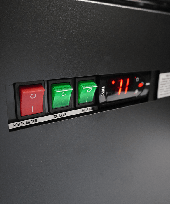 Black three door wall mounted display fridge with LED lighting and glass doors view 5