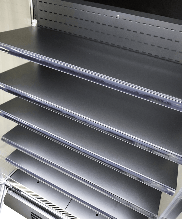 Black wall mounted four door refrigerated display case with LED lit interior and five shelves view 6