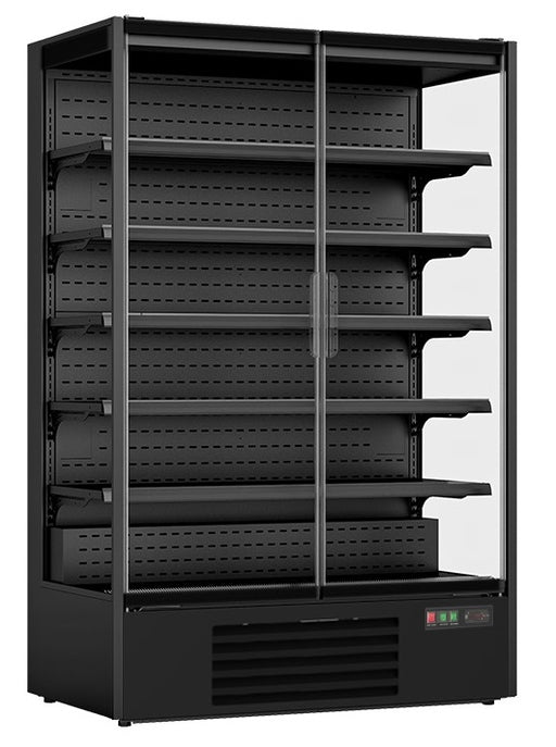 Black wall mounted commercial display fridge with two glass doors and LED lighting