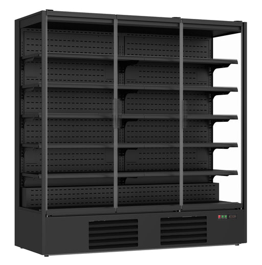 Black three door wall mounted display fridge with LED lighting and glass doors