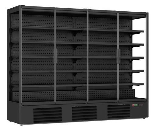 Black wall mounted four door refrigerated display case with LED lit interior and five shelves
