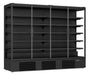 Black wall mounted four door refrigerated display case with LED lit interior and five shelves