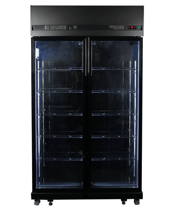 Black double glass door commercial refrigerator with digital temperature display and LED lighting view 5