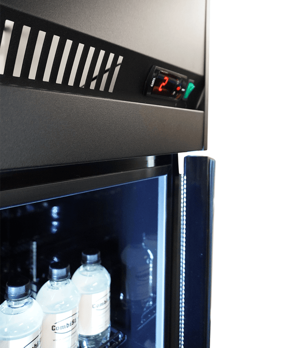 Black powder coated triple glass door upright display fridge with LED lighting view 4