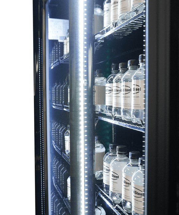 Black powder coated triple glass door upright display fridge with LED lighting view 7