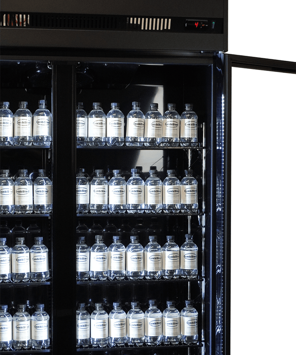 Black powder coated triple glass door upright display fridge with LED lighting view 6