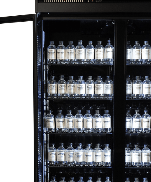 Black powder coated triple glass door upright display fridge with LED lighting view 2