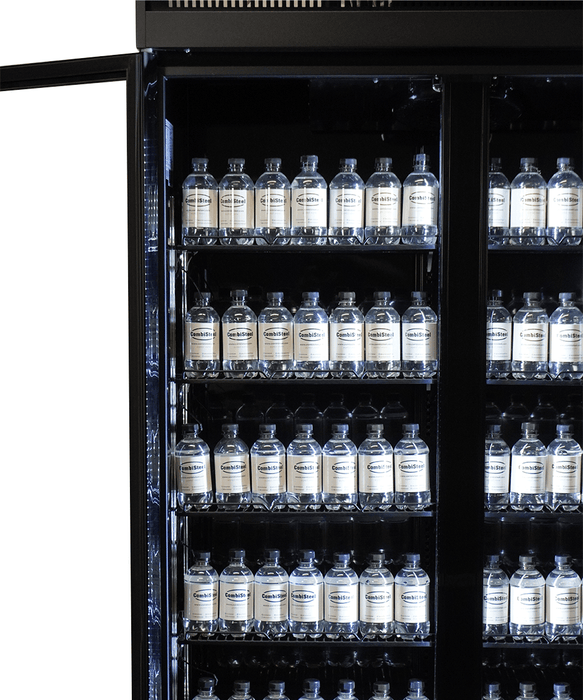 Black powder coated triple glass door upright display fridge with LED lighting view 2