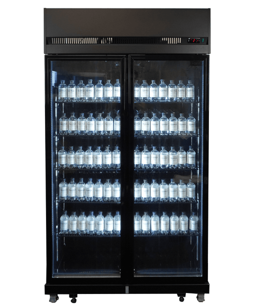 Black double glass door commercial refrigerator with digital temperature display and LED lighting view 2