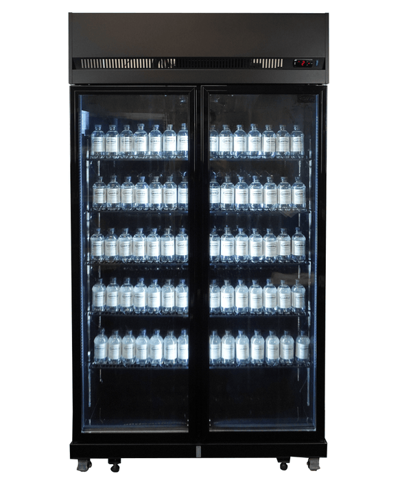 Black double glass door commercial refrigerator with digital temperature display and LED lighting view 2