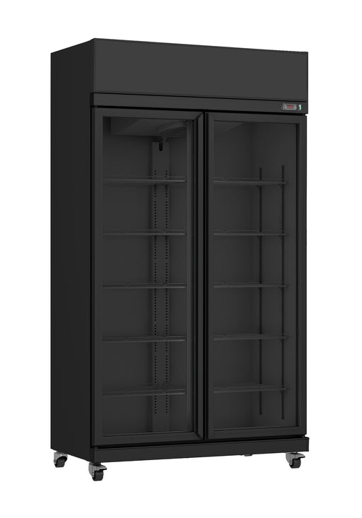 Black double glass door commercial refrigerator with digital temperature display and LED lighting