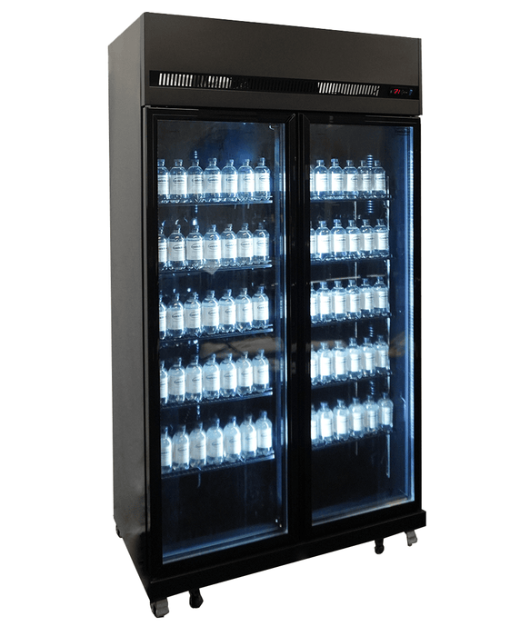 Black double glass door commercial refrigerator with digital temperature display and LED lighting view 3