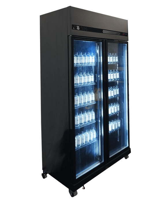 Black double glass door commercial refrigerator with digital temperature display and LED lighting view 4