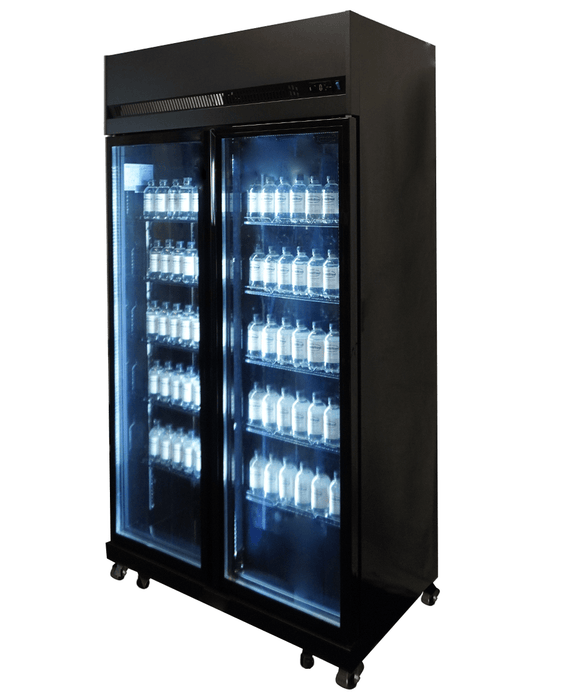 Black double glass door commercial refrigerator with digital temperature display and LED lighting view 6