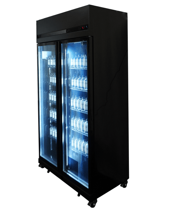Black double glass door commercial refrigerator with digital temperature display and LED lighting view 7