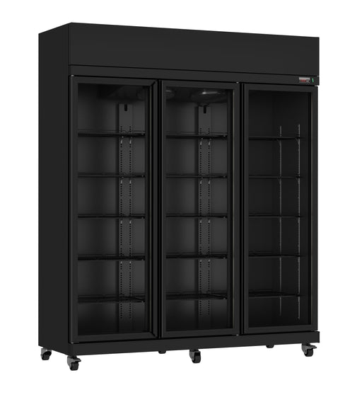 Black powder coated triple glass door upright display fridge with LED lighting