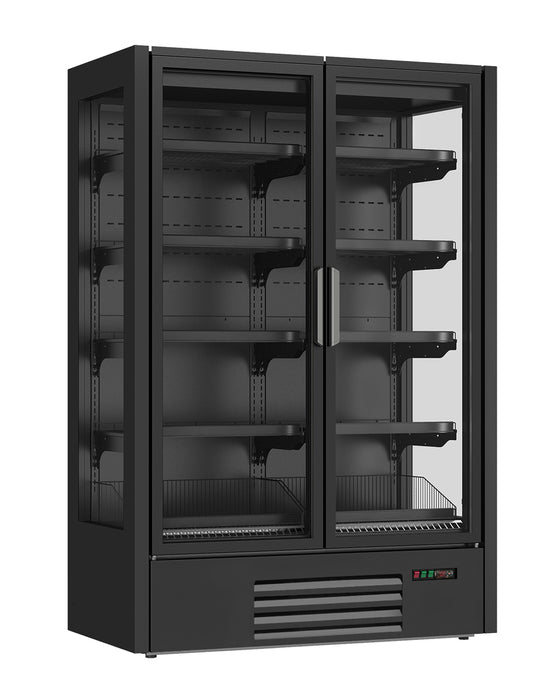 Black wall mounted freezer with two glass doors and digital controls