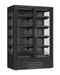 Black wall mounted freezer with two glass doors and digital controls