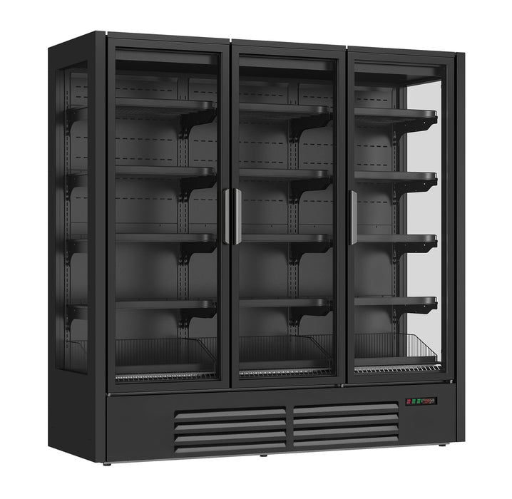 Black wall mounted freezer with three glass doors and digital display temperature controls