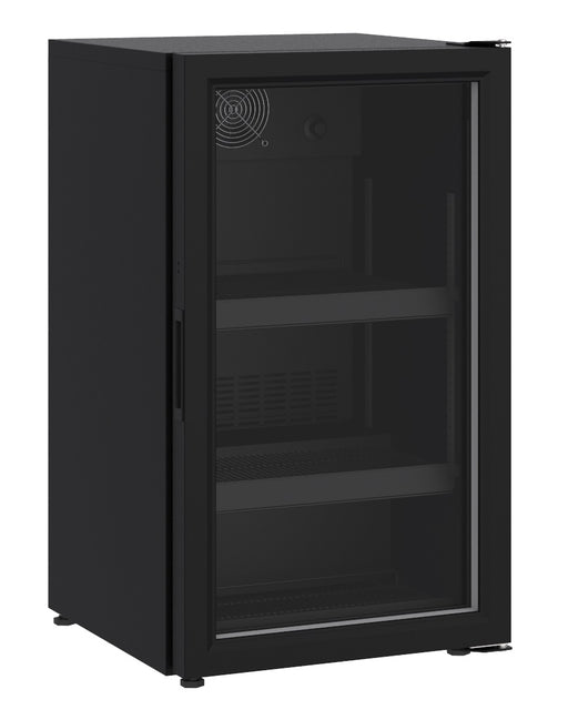 Black single glass door countertop refrigerator with LED interior lighting