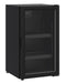 Black single glass door countertop refrigerator with LED interior lighting