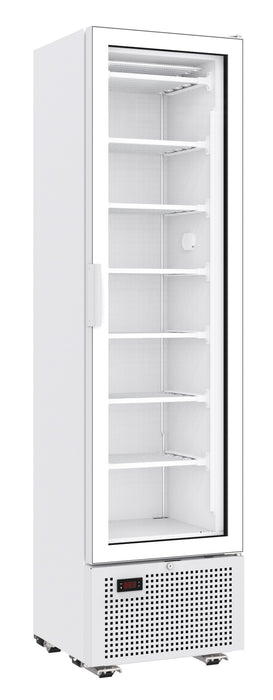 White upright freezer with single glass door and six wire grids inside