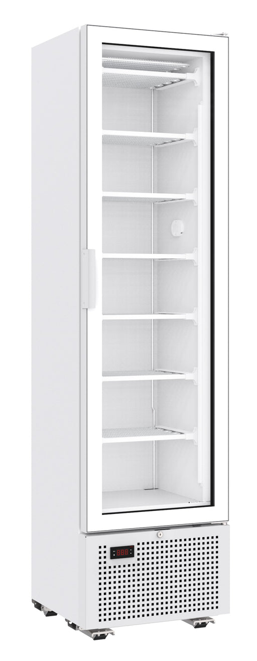 White upright freezer with single glass door and six wire grids inside