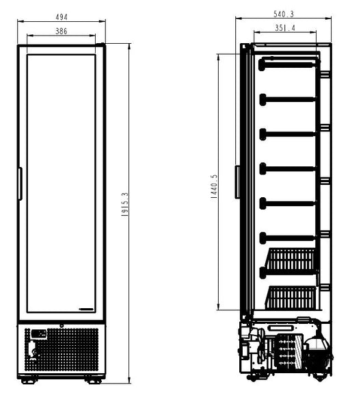 White upright freezer with single glass door and six wire grids inside view 2